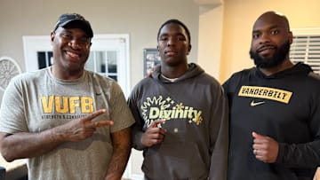 2026 3-Star EDGE Jace McCallum (middle) with Vanderbilt defensive assistants Jovan Haye (left) and Larry Black (right)