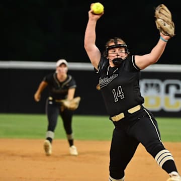 Northwest Rankin Cougars Grace Wallis (14) pitches during game two of the Class 7A MHSAA Softball Championships between Northwest Rankin and Hernando at the University of Southern Miss Softball Complex in Hattiesburg, Miss., on Thursday, May 16.