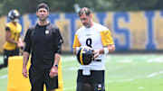 Jun 10, 2025; Pittsburgh, PA, USA;  Pittsburgh Steelers quarterback Aaron Rodgers (8) puts on his helmet during minicamp at their South Side facility. Mandatory Credit: Philip G. Pavely-Imagn Images