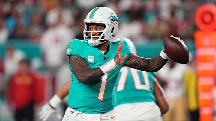 Miami Dolphins quarterback Tua Tagovailoa (1) attempts a pass against the San Francisco 49ers during second half at Hard Rock Stadium. Miami Dolphins quarterback Tua Tagovailoa (1) attempts a pass against the San Francisco 49ers during second half at Hard Rock Stadium.