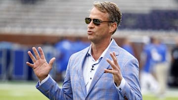 Mississippi Rebels head coach Lane Kiffin interviews prior to the game against the Kentucky Wildcats at Vaught-Hemingway Stadium.