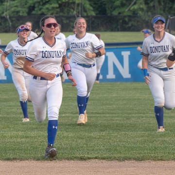 Donovan Catholic players celebrate their win. Donovan Catholic Softball defeats St. John Vianney in NJSIAA South Non-Public A section final in Toms River on June 5, 2025.