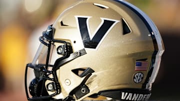 Oct 22, 2022; Columbia, Missouri, USA; A detail view of a Vanderbilt Commodores helmet against the Missouri Tigers during the second half of the game at Faurot Field at Memorial Stadium. Mandatory Credit: Denny Medley-Imagn Images