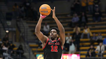 December 10, 2024; Berkeley, California, USA; Cornell Big Red forward AK Okereke (12) shoots the basketball against the California Golden Bears during the second half at Haas Pavilion. Mandatory Credit: Kyle Terada-Imagn Images