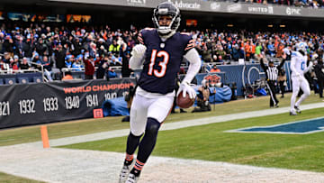 Dec 22, 2024; Chicago, Illinois, USA; Chicago Bears wide receiver Keenan Allen (13) reacts after a touchdown reception against the Detroit Lions during the second quarter at Soldier Field. Mandatory Credit: Daniel Bartel-Imagn Images