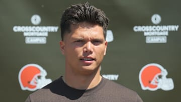 May 10, 2025; Berea, OH, USA; Cleveland Browns quarterback Dillon Gabriel (5) talks to the media during rookie minicamp at CrossCountry Mortgage Campus. Mandatory Credit: Ken Blaze-Imagn Images