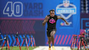Kansas defensive back Cobee Bryant runs the 40-yard dash.